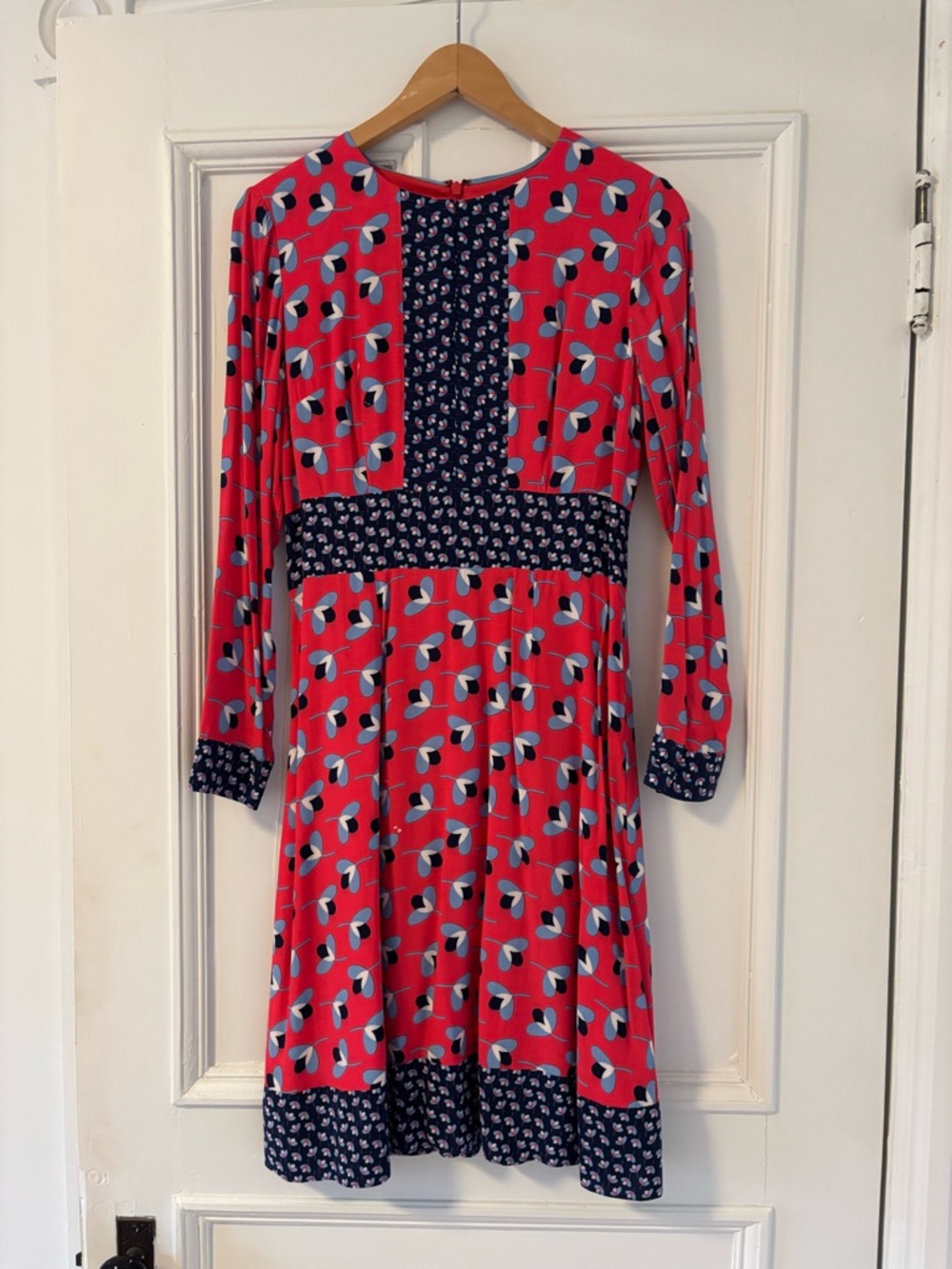 Boden Coral-Pink Floral Long Sleeve Dress with Navy Contrast